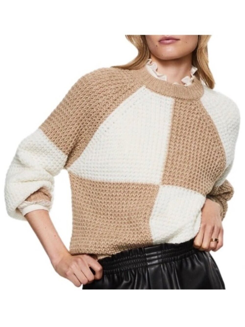 Mango Sweater Size M Checkered Colorblock Textured Knit Pullover Slouchy Indie - Picture 10 of 10